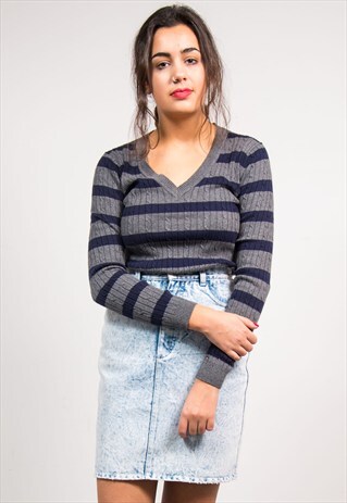 VINTAGE 90'S GREY STRIPE TOMMY HILFIGER V-NECK KNIT JUMPER