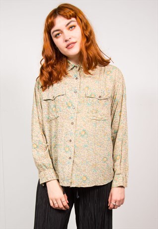 VINTAGE 90'S GREEN FLORAL PATTERN SHIRT BLOUSE