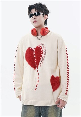 HEART PATCH SWEATER FLEECE JUMPER RETRO LOVE TOP IN CREAM