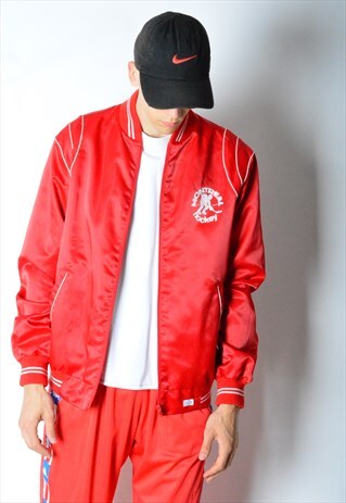 VINTAGE 80S RED MONTREAL HOCKEY BOMBER JACKET