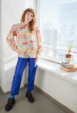 Vintage Multicolour Abstract Print Puff Sleeved Blouse