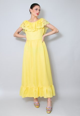 Vintage Ladies 1970's Yellow Ruffle Midi Prairie Dress