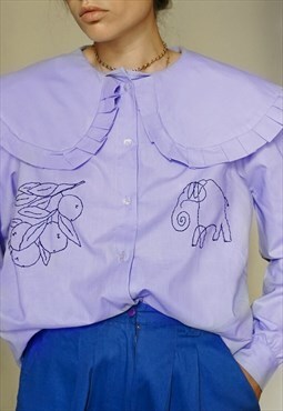 Hand Embroidered Oversized Collar Lilac Blouse
