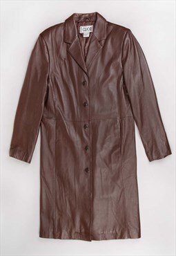 Gorgeous '90s Clio leather brown shoulder pads long coat