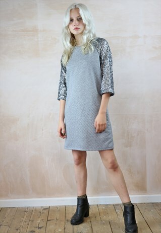 GREY RAGLAN DRESS WITH SILVER SEQUIN SLEEVES