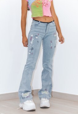 Vintage Embroidered Mid Rise Flared Y2k Jeans