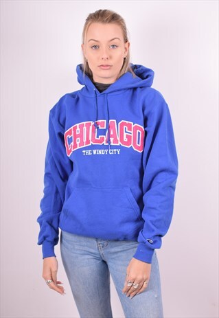 CHAMPION WOMENS VINTAGE HOODIE JUMPER LARGE BLUE 90S