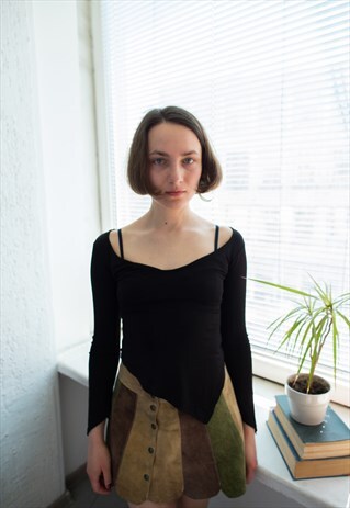 VINTAGE 90'S Y2K BLACK ASYMETRIC STRETCHY LONG SLEEVED TOP