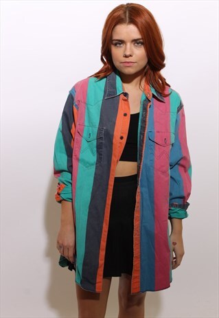 VINTAGE 1980'S 80'S STRIPED COLORFUL WRANGLER BUTTON DOWN XL