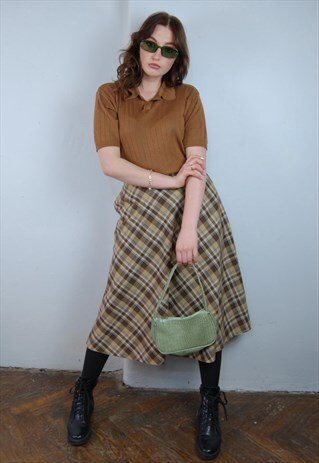 VINTAGE CLASSIC CHECKERED OVERSIZED BROWN CREAM LONG SKIRTS