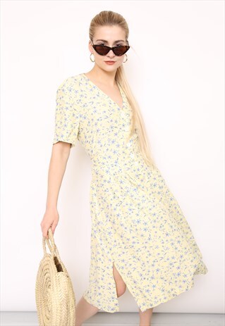 VINTAGE 90S YELLOW FLORAL PRINT BUTTON MIDI DRESS