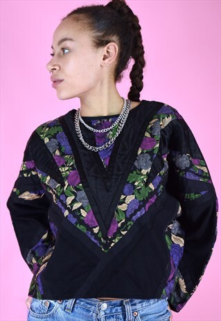 VINTAGE 90S SWEATSHIRT JUMPER FLORAL PRINT BLACK