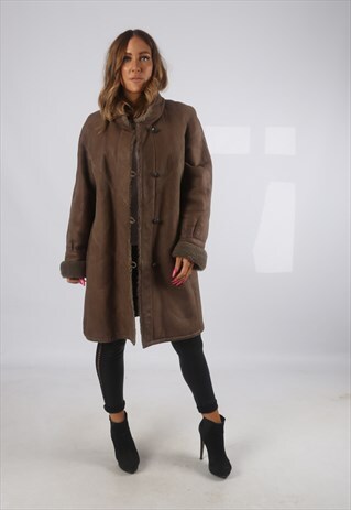 VINTAGE SHEEPSKIN LEATHER SHEARLING COAT SHORT UK 14 (H4E)