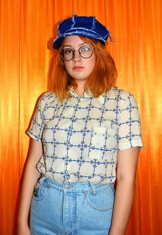 VINTAGE 70S BLOUSE WHITE BLUE CHECKERED FLORAL SHORT SLEEVE