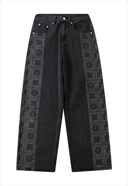 Paisley denim overalls bandana straight fit jeans in black