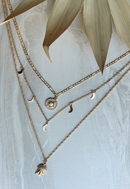 Gold Faux Pearl Moon Layered Dainty Chain Pendant Necklace