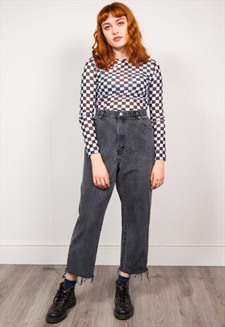 VINTAGE 90'S GREY HIGH WAIST FRAYED HEM DENIM MOM JEANS