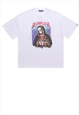 Skeleton print t-shirt Y2K Gothic saint tee grunge top white