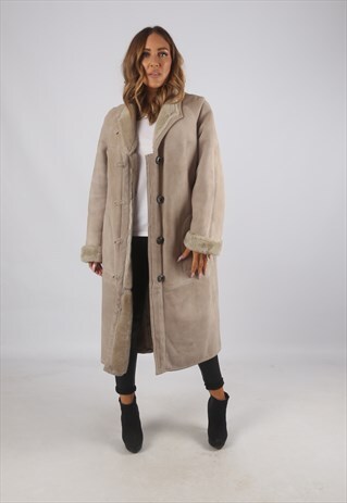 VINTAGE SHEEPSKIN SUEDE SHEARLING COAT MID LONG UK 16 (9AS)