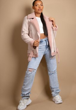 Pink Faux Suede Aviator Jacket