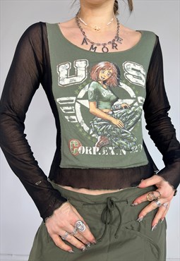 Vintage Y2K Mesh Etam Top Long Sleeves Graphic Print Slogan