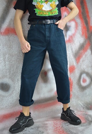 VINTAGE DARK BLUE DENIM CLASSIC STRAIGHT JEANS TROUSERS