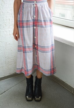 Vintage Multicolour Checked High Waisted Thin Cotton Skirt