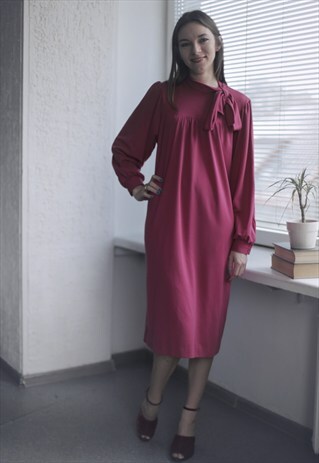 VINTAGE 80'S MIDI PINK LONG SLEEVED BOW DRESS