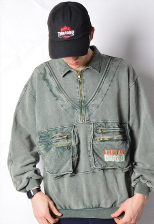 VINTAGE 60S FADED KHAKI 1/2 ZIPPER POCKET SWEATSHIRT