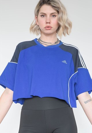 VINTAGE 90S REWORKED ADIDAS CROP TOP T-SHIRT IN BLUE BLACK