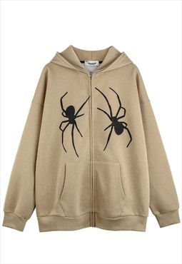 Spider web hoodie patch pullover Gothic skater top cream