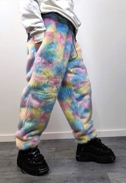 Unicorn fur joggers raver pants festival rainbow trousers