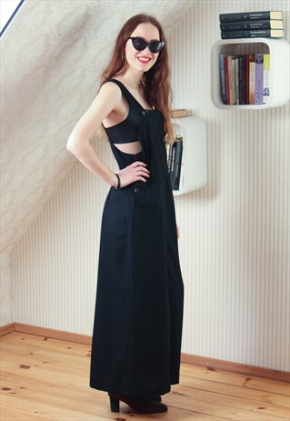 BLACK RIBBED MAXI PINAFORE DRESS