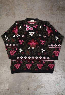 Vintage Patterned Knitted Jumper Cottagecore Flower Pink