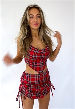 Red Tartan Cow Neck Crop Top 
