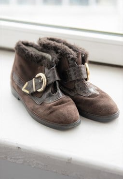 Vintage 80's Brown Suede Buckle Ankle Boots