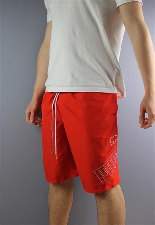 VINTAGE PUMA SHORTS IN RED WITH POCKETS, EMBROIDERED LOGO AN