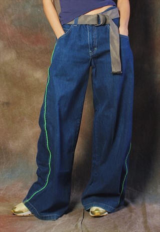 WIDE LEG DARK WASH DENIM W/ GREEN PIPING