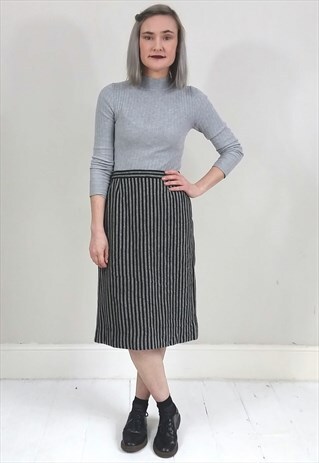 VINTAGE 80'S BLACK AND WHITE STRIPED WOOL BLEND SKIRT