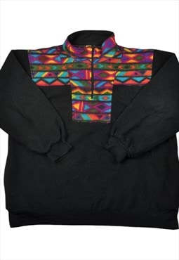 Vintage Fleece 1/4 Zip Retro Pattern Black XL