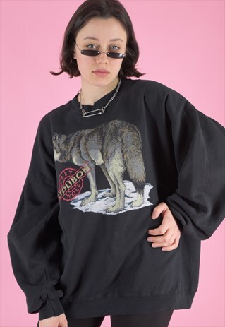 VINTAGE 90S SWEATSHIRT JUMPER IN BLACK WITH WOLF PRINT