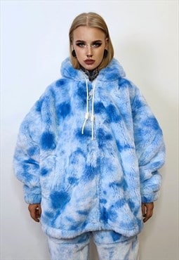 Tie-dye fleece jacket detachable faux fur fest bomber blue