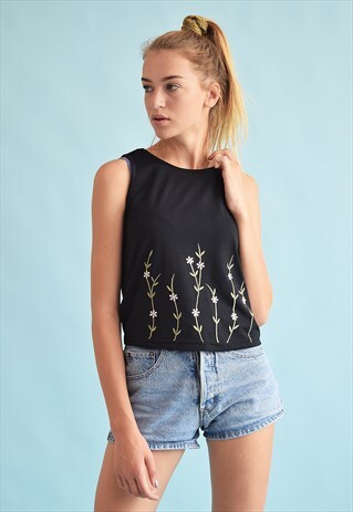 90'S RETRO FLORAL EMBROIDERY LYCRA PARTY TOP