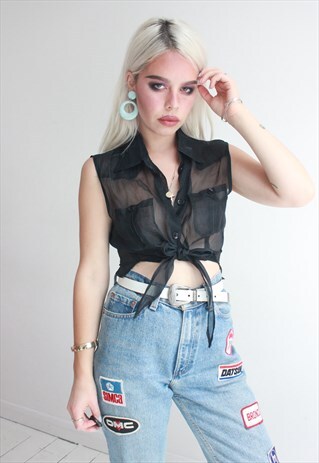 VINTAGE 90S BLACK MESH TIE UP SHIRT VEST