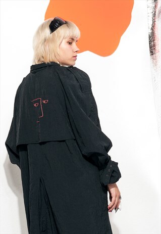 REWORKED SAD FACE TRENCH COAT 90S VINTAGE HAND EMBROIDERY