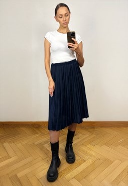 Vintage Navy Blue Pleated Midi Skirt