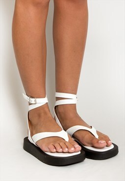 White Lace Up Thong Flatform sandals