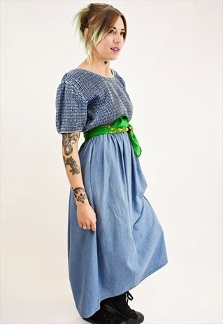 VINTAGE 90S DENIM MAXI DRESS WITH SMOCKED TOP