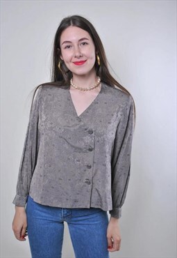 Vintage grey formal blouse with flowers print 