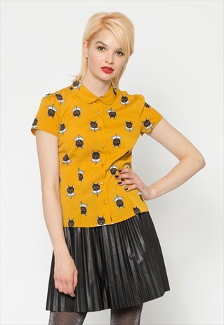 YELLOW SASSY CAT PRINT BLOUSE